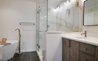 bathroom remodel with walk in shower and freestanding bathtub